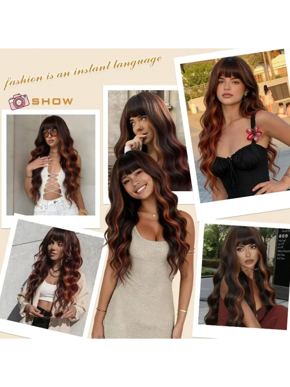Women's Brown 26 Inch Natural Looking Heat Resistant Synthetic Wigs Bangs